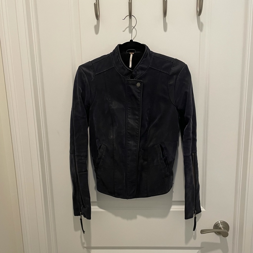 Free People Navy Leather Jacket